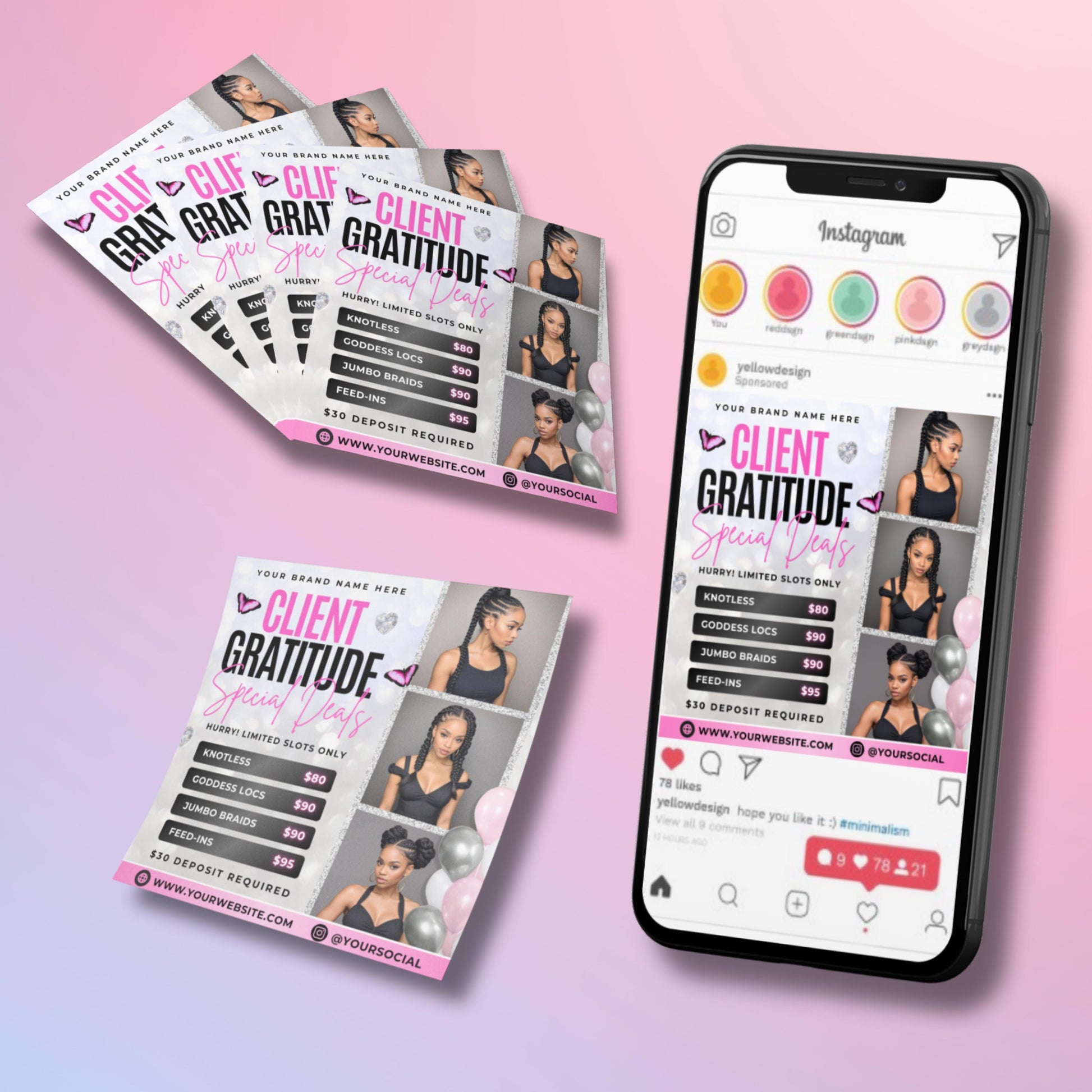 Editable client appreciation flyer template in Canva for braiders and hairstylists, featuring braid specials and price list design.
Pink and black braid promo flyer showcasing knotless braids, goddess locs, jumbo braids, and feed-in styles, Canva template.
Customizable braid flyer for beauty professionals, Canva design with modern client gratitude deals and price list layout.
Hair braiding promo flyer template in Canva, perfect for salons offering client specials and limited-time braid deals.