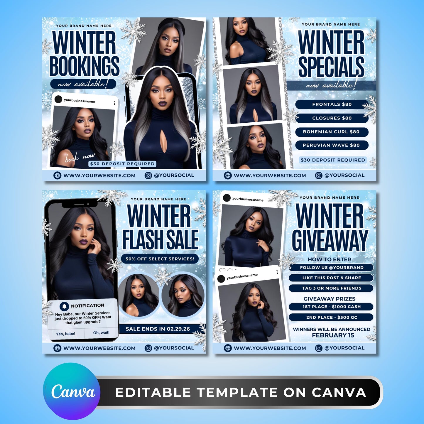 winter beauty flyer bundle, editable canva templates for lash techs, hairstylists, and muas to promote bookings, specials, and giveaways.
editable winter booking flyer template in canva, blue snowflake design for beauty salons, lash artists, and hairstylists.
winter specials flyer template for hair stylists, braiders, and muas, editable canva design for salon promotions and price lists