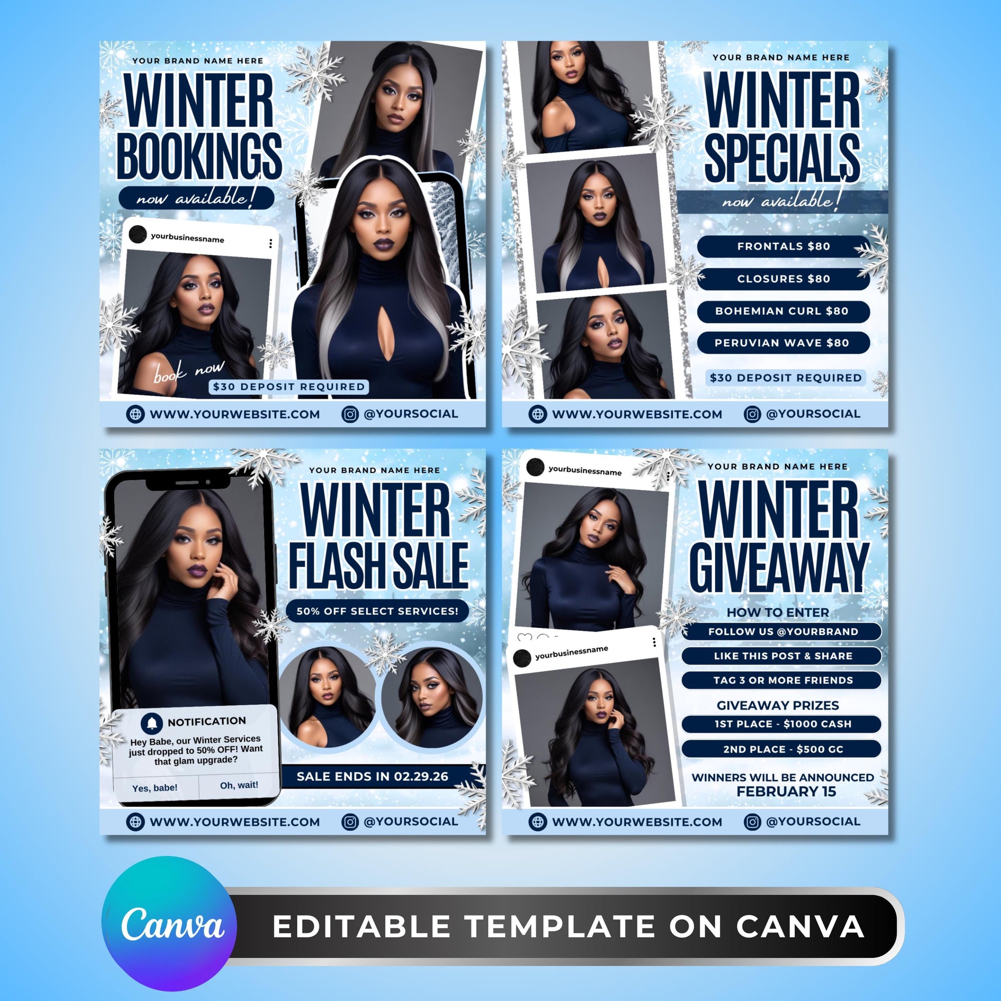 Winter beauty flyer bundle, editable Canva templates for lash techs, hairstylists, and MUAs to promote bookings, specials, and giveaways.
Editable winter booking flyer template in Canva, blue snowflake design for beauty salons, lash artists, and hairstylists.
Winter specials flyer template for hair stylists, braiders, and MUAs, editable Canva design for salon promotions and price lists