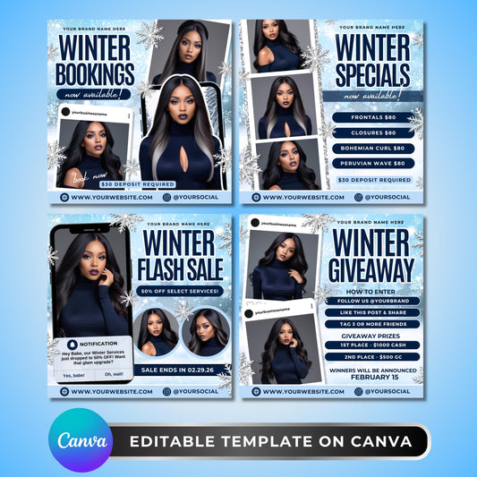Winter beauty flyer bundle, editable Canva templates for lash techs, hairstylists, and MUAs to promote bookings, specials, and giveaways.
Editable winter booking flyer template in Canva, blue snowflake design for beauty salons, lash artists, and hairstylists.
Winter specials flyer template for hair stylists, braiders, and MUAs, editable Canva design for salon promotions and price lists