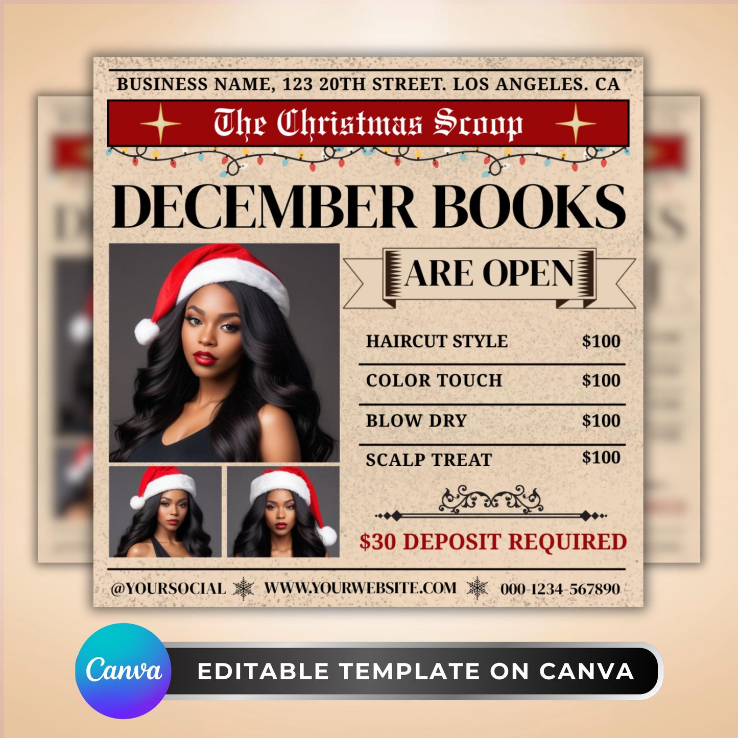 editable christmas booking flyer template in canva, newspaper-style holiday promo design for lash techs, hairstylists, and muas.
vintage newspaper theme flyer for december bookings, canva editable template for salon and beauty business promotions.
christmas salon flyer template with newspaper style layout, customizable canva design for hairstylists and lash artists.
editable holiday booking flyer for beauty professionals, canva template for seasonal promos and client appointments.