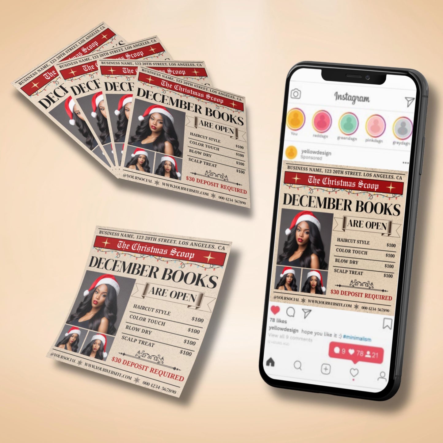 editable christmas booking flyer template in canva, newspaper-style holiday promo design for lash techs, hairstylists, and muas.
vintage newspaper theme flyer for december bookings, canva editable template for salon and beauty business promotions.
christmas salon flyer template with newspaper style layout, customizable canva design for hairstylists and lash artists.
editable holiday booking flyer for beauty professionals, canva template for seasonal promos and client appointments.