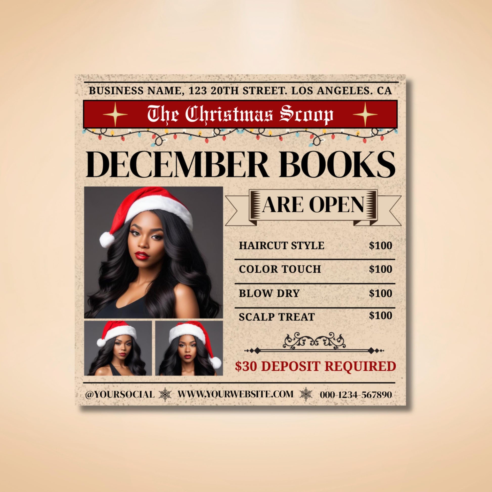 Editable Christmas booking flyer template in Canva, newspaper-style holiday promo design for lash techs, hairstylists, and MUAs.
Vintage newspaper theme flyer for December bookings, Canva editable template for salon and beauty business promotions.
Christmas salon flyer template with newspaper style layout, customizable Canva design for hairstylists and lash artists.
Editable holiday booking flyer for beauty professionals, Canva template for seasonal promos and client appointments.