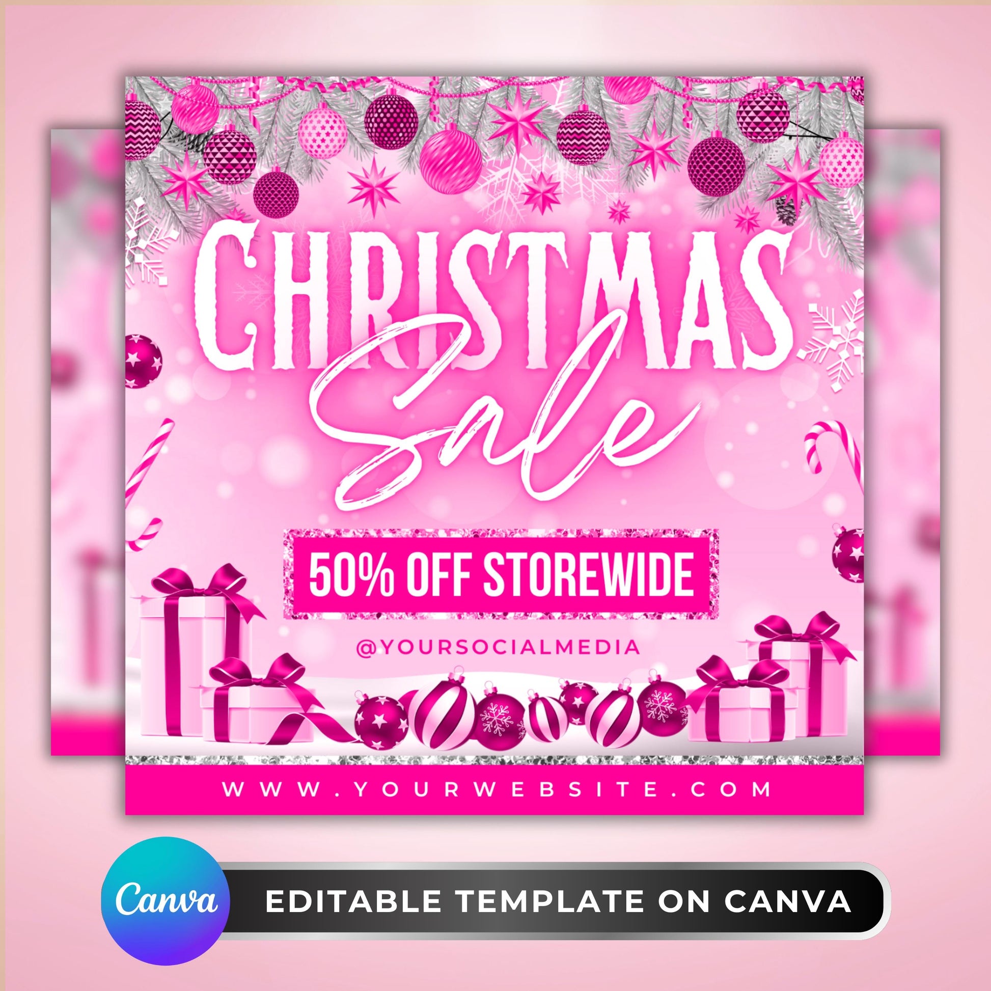 Pink Christmas flyer template in Canva, glam holiday sale design with candy canes and ornaments for beauty businesses and salons.
Editable holiday sale flyer for lash techs, hairstylists, and MUAs, pink Christmas Canva design with storewide discount promo.
Christmas sale flyer template in pink, Canva design for salons and beauty businesses running seasonal promotions.
Festive pink Christmas flyer with ornaments and gift boxes, editable Canva holiday template for beauty industry promotions