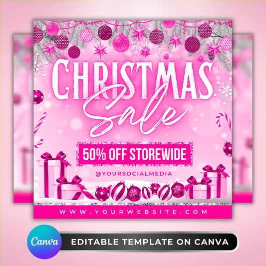 Pink Christmas flyer template in Canva, glam holiday sale design with candy canes and ornaments for beauty businesses and salons.
Editable holiday sale flyer for lash techs, hairstylists, and MUAs, pink Christmas Canva design with storewide discount promo.
Christmas sale flyer template in pink, Canva design for salons and beauty businesses running seasonal promotions.
Festive pink Christmas flyer with ornaments and gift boxes, editable Canva holiday template for beauty industry promotions