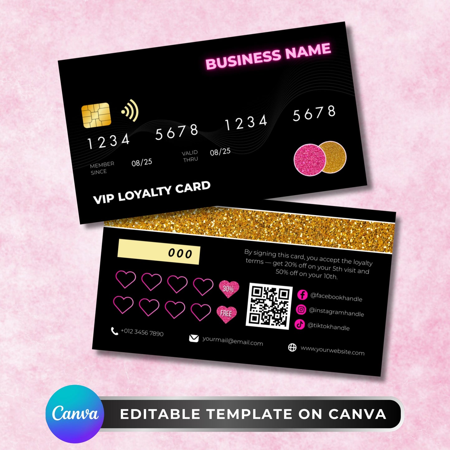 editable canva vip loyalty card template in credit card style, perfect for salons, nail techs, and lash artists.
black and gold glitter credit card style punch card, customizable canva loyalty design for small business rewards.
modern vip membership loyalty punch card template, editable with social media and qr code for client rewards
