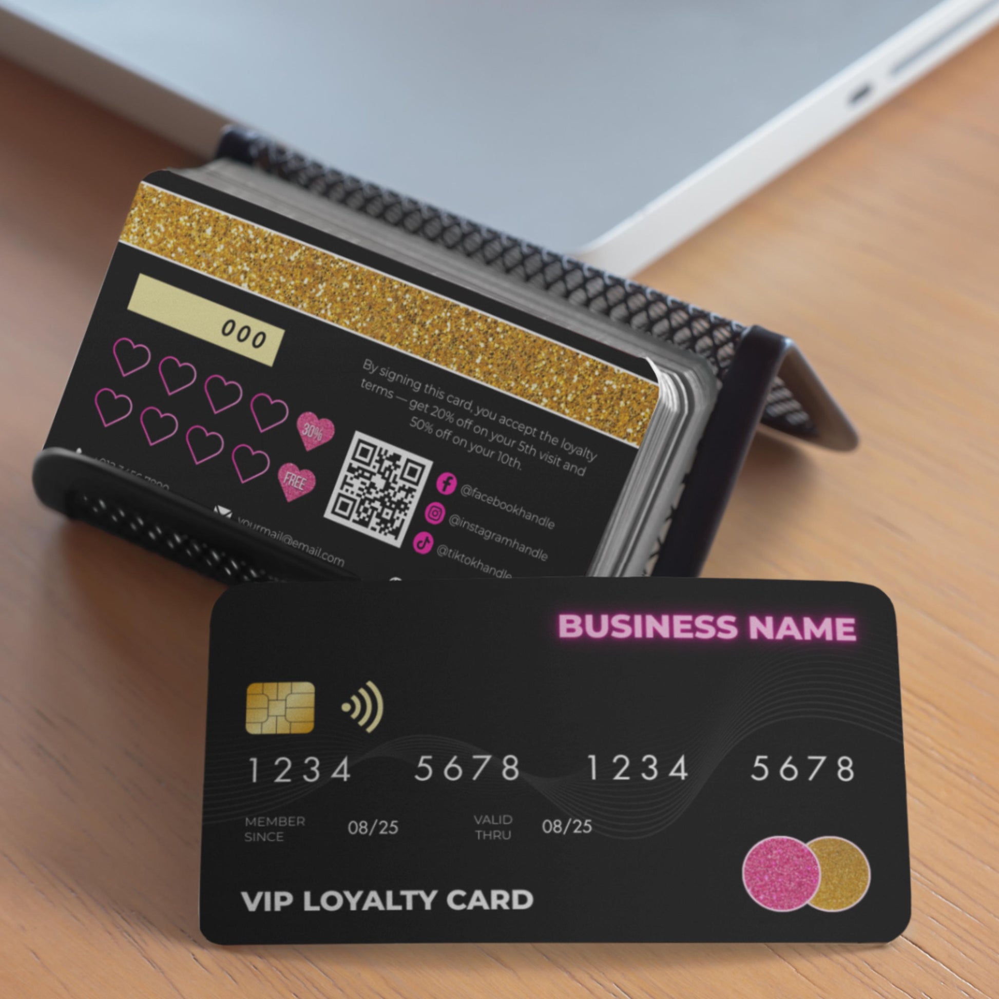 Editable Canva VIP loyalty card template in credit card style, perfect for salons, nail techs, and lash artists.
Black and gold glitter credit card style punch card, customizable Canva loyalty design for small business rewards.
Modern VIP membership loyalty punch card template, editable with social media and QR code for client rewards