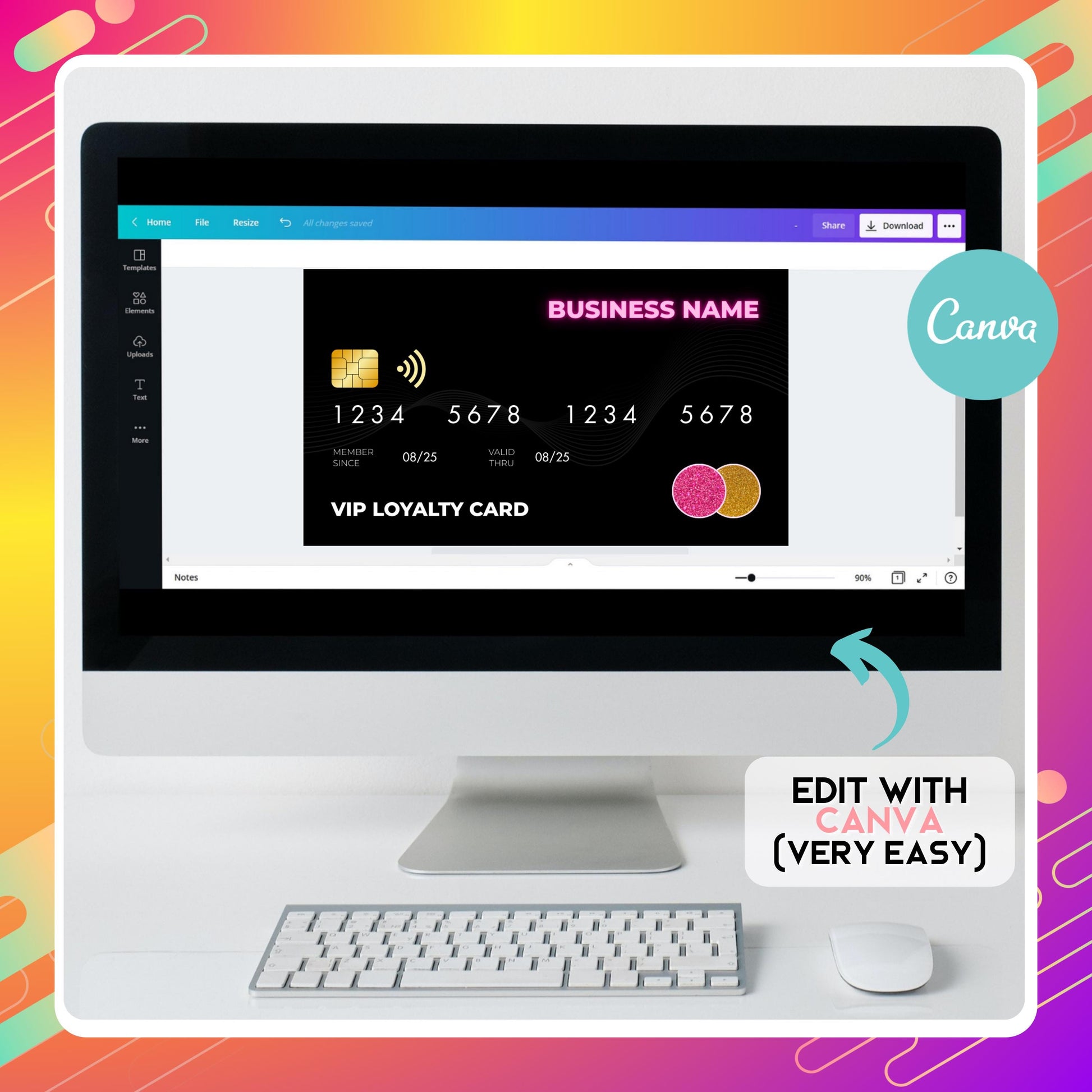 Editable Canva VIP loyalty card template in credit card style, perfect for salons, nail techs, and lash artists.
Black and gold glitter credit card style punch card, customizable Canva loyalty design for small business rewards.
Modern VIP membership loyalty punch card template, editable with social media and QR code for client rewards