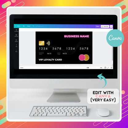 Editable Canva VIP loyalty card template in credit card style, perfect for salons, nail techs, and lash artists.
Black and gold glitter credit card style punch card, customizable Canva loyalty design for small business rewards.
Modern VIP membership loyalty punch card template, editable with social media and QR code for client rewards