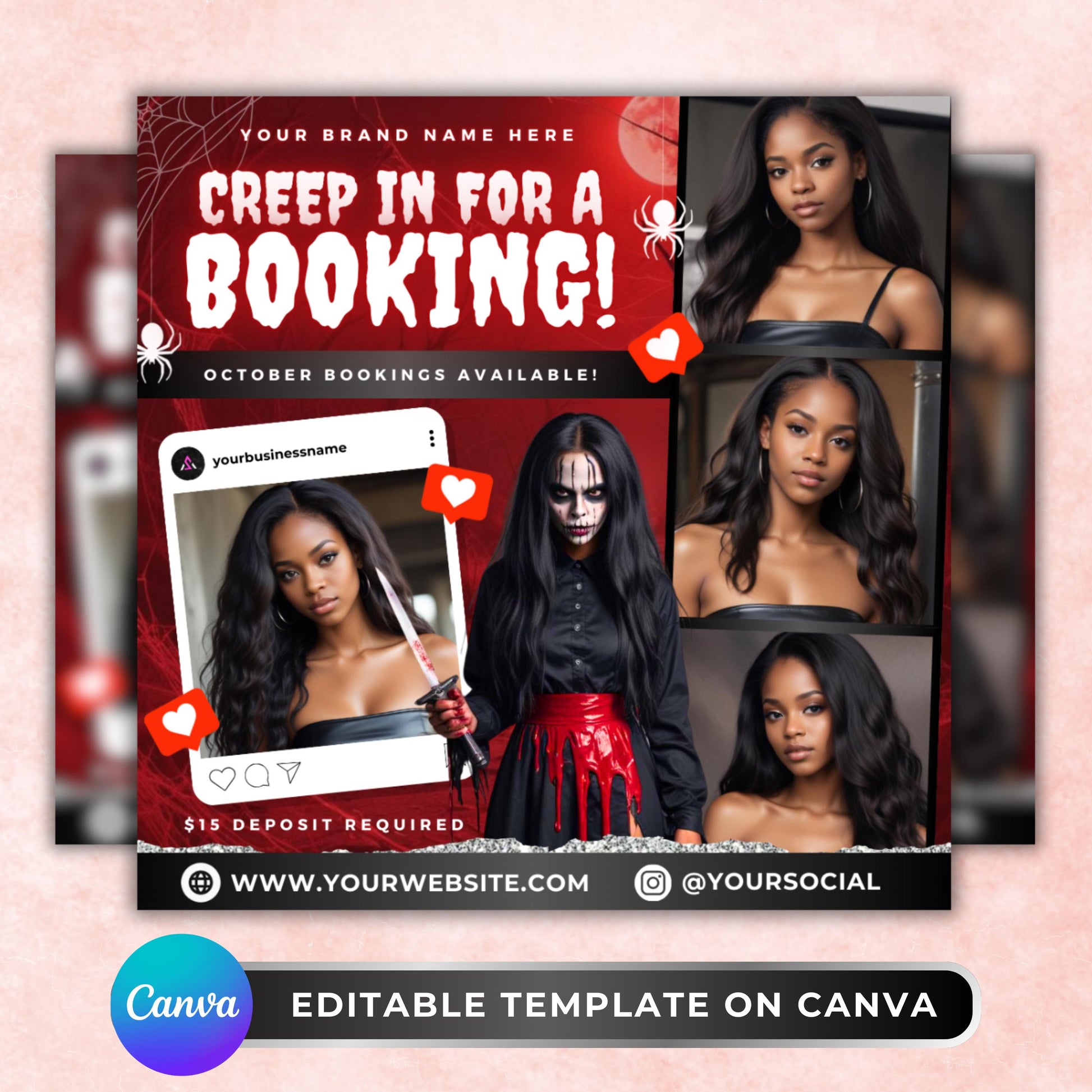 Editable Halloween booking flyer template in Canva, spooky beauty promo design for hairstylists and MUAs.
Halloween hair salon flyer with red and black theme, spooky client booking template for October promotions.
Editable Canva Halloween beauty flyer, designed for MUAs, lash techs, and hairstylists to secure October bookings