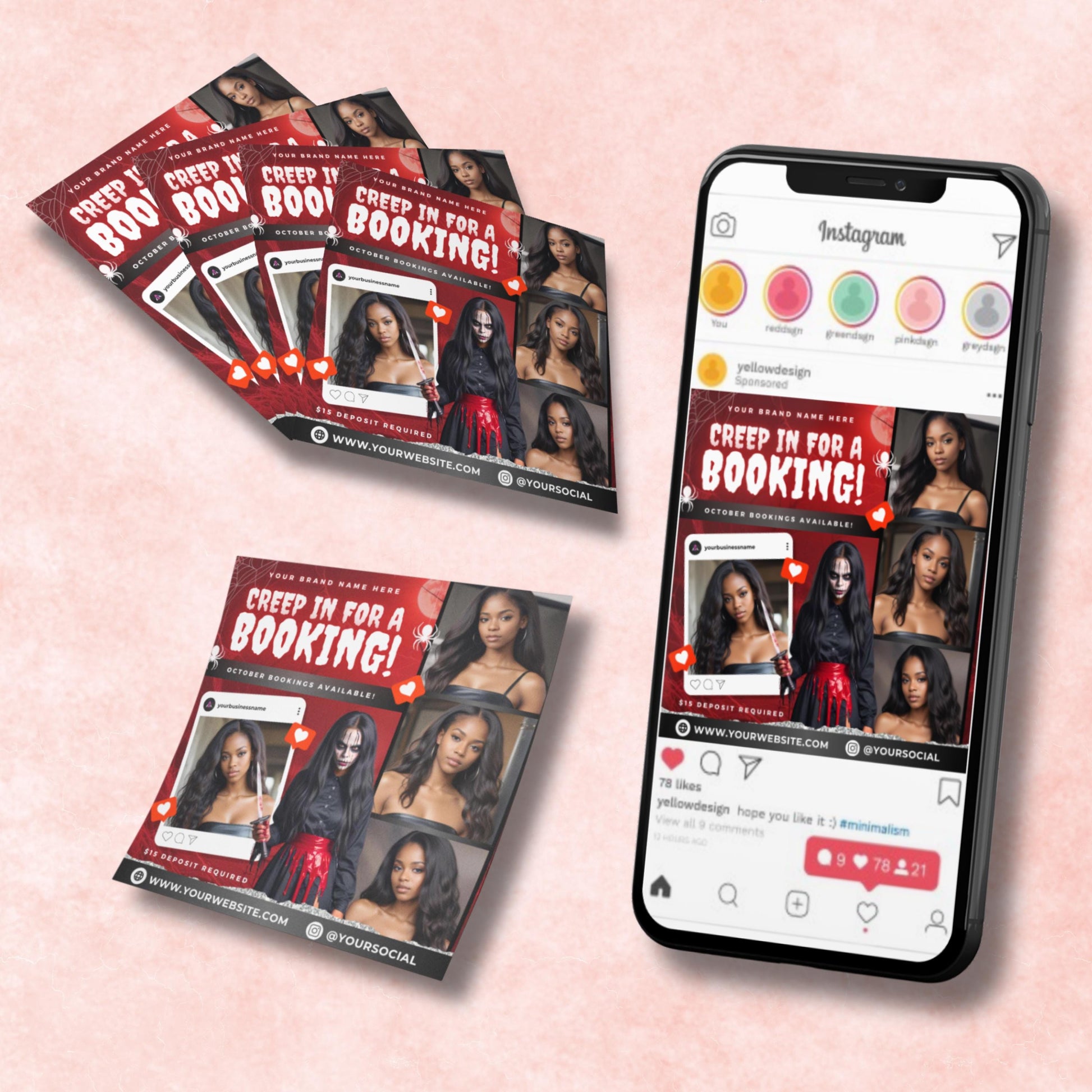 Editable Halloween booking flyer template in Canva, spooky beauty promo design for hairstylists and MUAs.
Halloween hair salon flyer with red and black theme, spooky client booking template for October promotions.
Editable Canva Halloween beauty flyer, designed for MUAs, lash techs, and hairstylists to secure October bookings