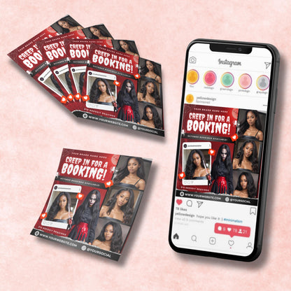 Editable Halloween booking flyer template in Canva, spooky beauty promo design for hairstylists and MUAs.
Halloween hair salon flyer with red and black theme, spooky client booking template for October promotions.
Editable Canva Halloween beauty flyer, designed for MUAs, lash techs, and hairstylists to secure October bookings