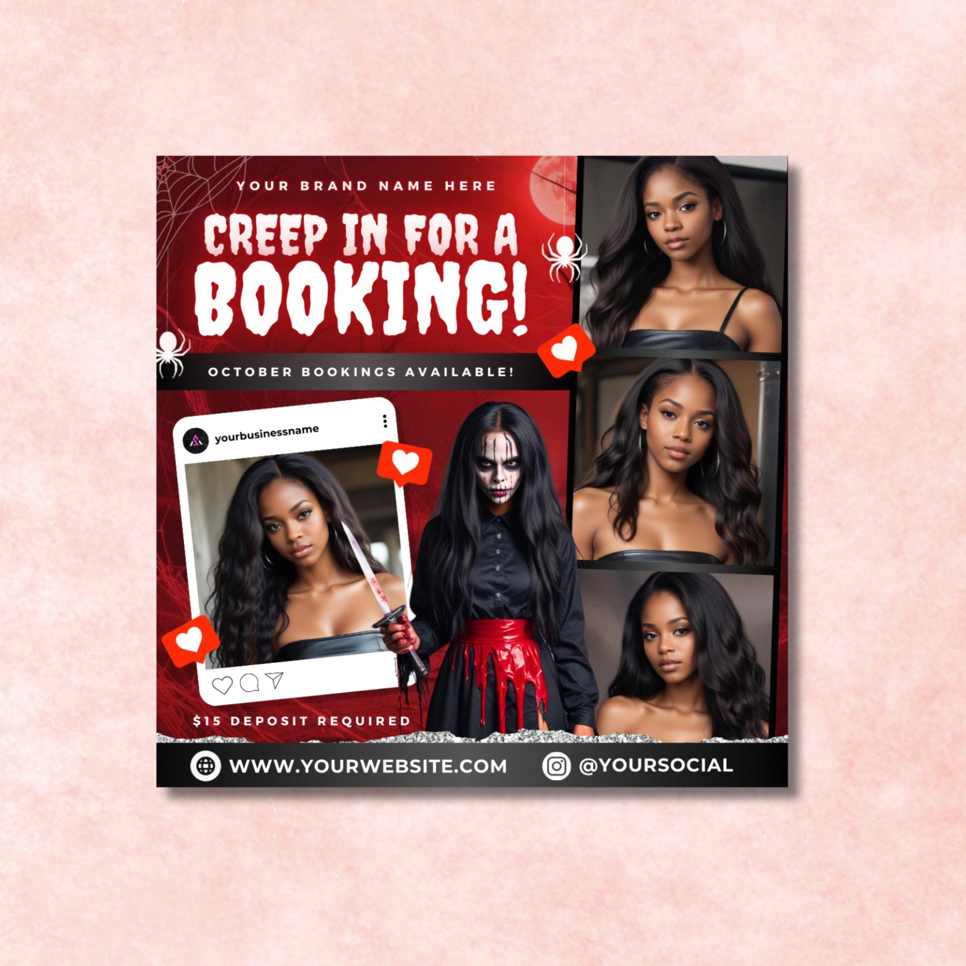 Editable Halloween booking flyer template in Canva, spooky beauty promo design for hairstylists and MUAs.
Halloween hair salon flyer with red and black theme, spooky client booking template for October promotions.
Editable Canva Halloween beauty flyer, designed for MUAs, lash techs, and hairstylists to secure October bookings
