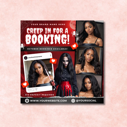 Editable Halloween booking flyer template in Canva, spooky beauty promo design for hairstylists and MUAs.
Halloween hair salon flyer with red and black theme, spooky client booking template for October promotions.
Editable Canva Halloween beauty flyer, designed for MUAs, lash techs, and hairstylists to secure October bookings