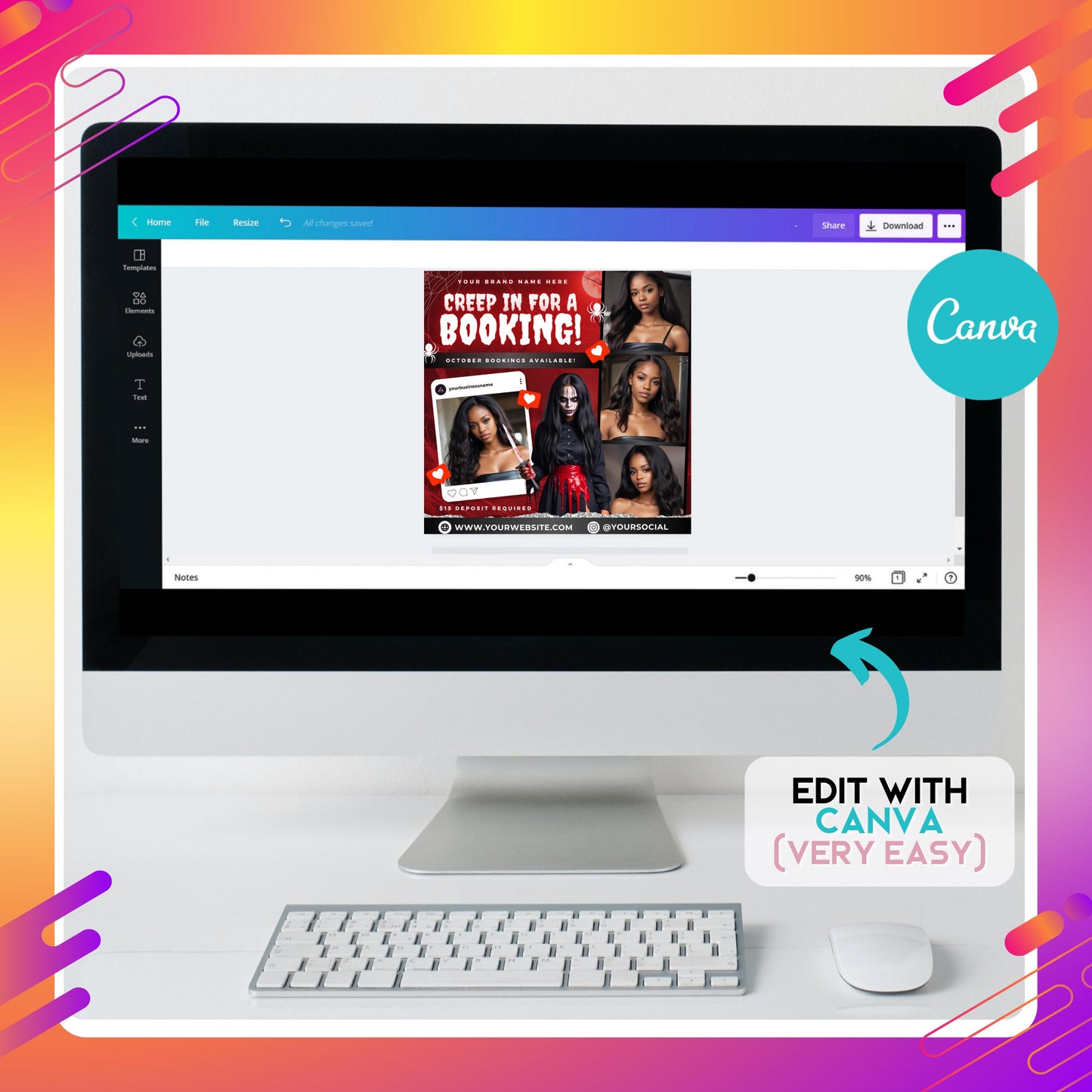 editable halloween booking flyer template in canva, spooky beauty promo design for hairstylists and muas.
halloween hair salon flyer with red and black theme, spooky client booking template for october promotions.
editable canva halloween beauty flyer, designed for muas, lash techs, and hairstylists to secure october bookings