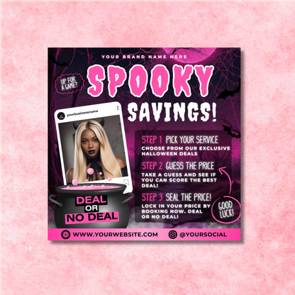 Editable Halloween Deal or No Deal flyer template in Canva, spooky beauty promo design for hairstylists and MUAs
Halloween salon marketing flyer with Deal or No Deal game design, customizable Canva template for beauty promos
Editable Canva Halloween promo flyer for MUAs, lash techs, and hairstylists, fun Deal or No Deal style template