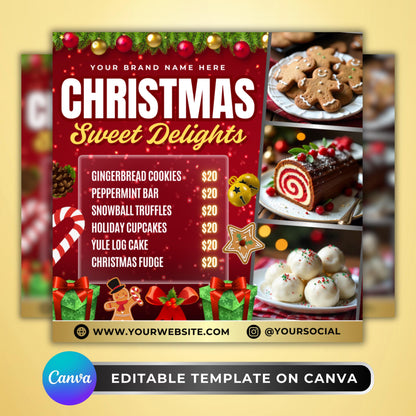 Christmas bakery menu flyer template in Canva, red festive design with holiday cookies, cupcakes, and desserts.
Editable holiday sweet treats flyer for bakeries, Canva template with Christmas dessert price list.
Christmas menu flyer featuring gingerbread cookies, cupcakes, fudge, yule log cake, and truffles.
Festive bakery flyer template in Canva, red holiday design with sweets and desserts for Christmas promos.
Holiday dessert menu flyer editable in Canva, perfect for bakeries, café shops