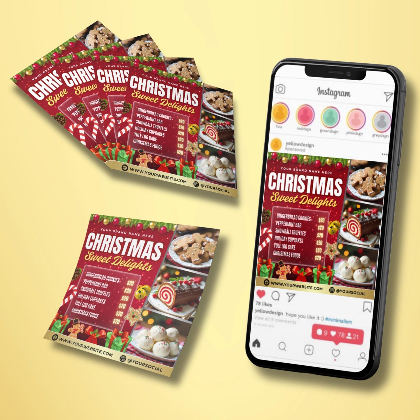 christmas bakery menu flyer template in canva, red festive design with holiday cookies, cupcakes, and desserts.
editable holiday sweet treats flyer for bakeries, canva template with christmas dessert price list.
christmas menu flyer featuring gingerbread cookies, cupcakes, fudge, yule log cake, and truffles.
festive bakery flyer template in canva, red holiday design with sweets and desserts for christmas promos.
holiday dessert menu flyer editable in canva, perfect for bakeries, café shops