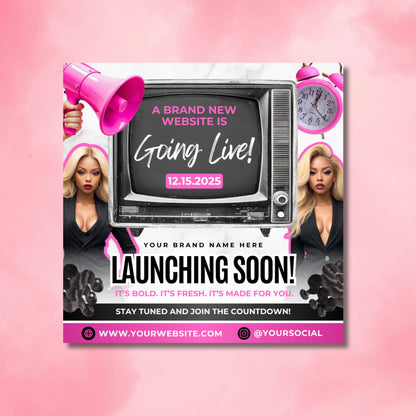 Editable new website launch flyer template in Canva with bold retro TV theme and modern design.
Coming soon Canva flyer for announcing website launches with customizable text and business branding.
Website announcement flyer template in black, pink, and white with launch date and countdown details.
Editable Canva flyer design for small business website launch or rebrand announcement.
Modern coming soon flyer template for promoting new websites, customizable in Canva.