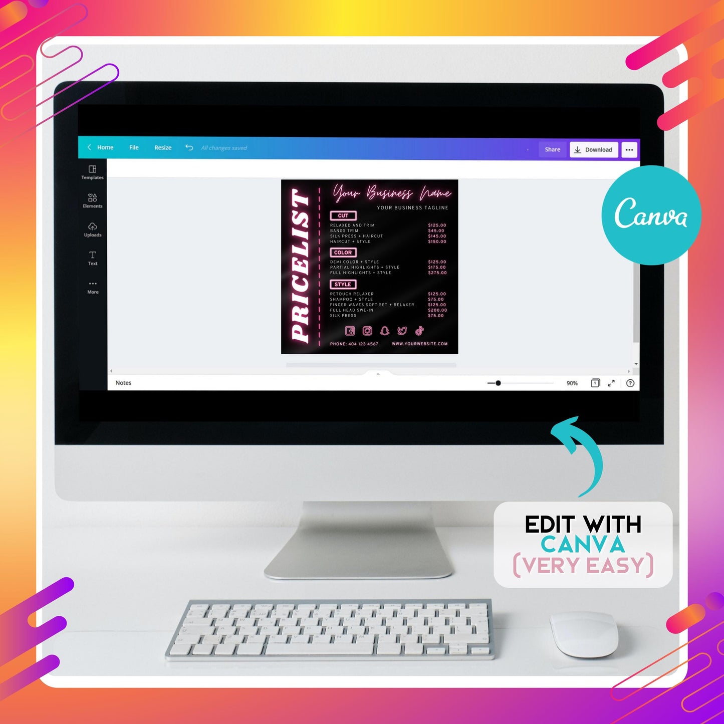 editable neon pink hair salon pricelist flyer template for hairstylists.
canva price list flyer with haircut, color, and style services menu.
modern beauty salon flyer design with customizable pricing.
printable and digital salon price sheet template in neon style.