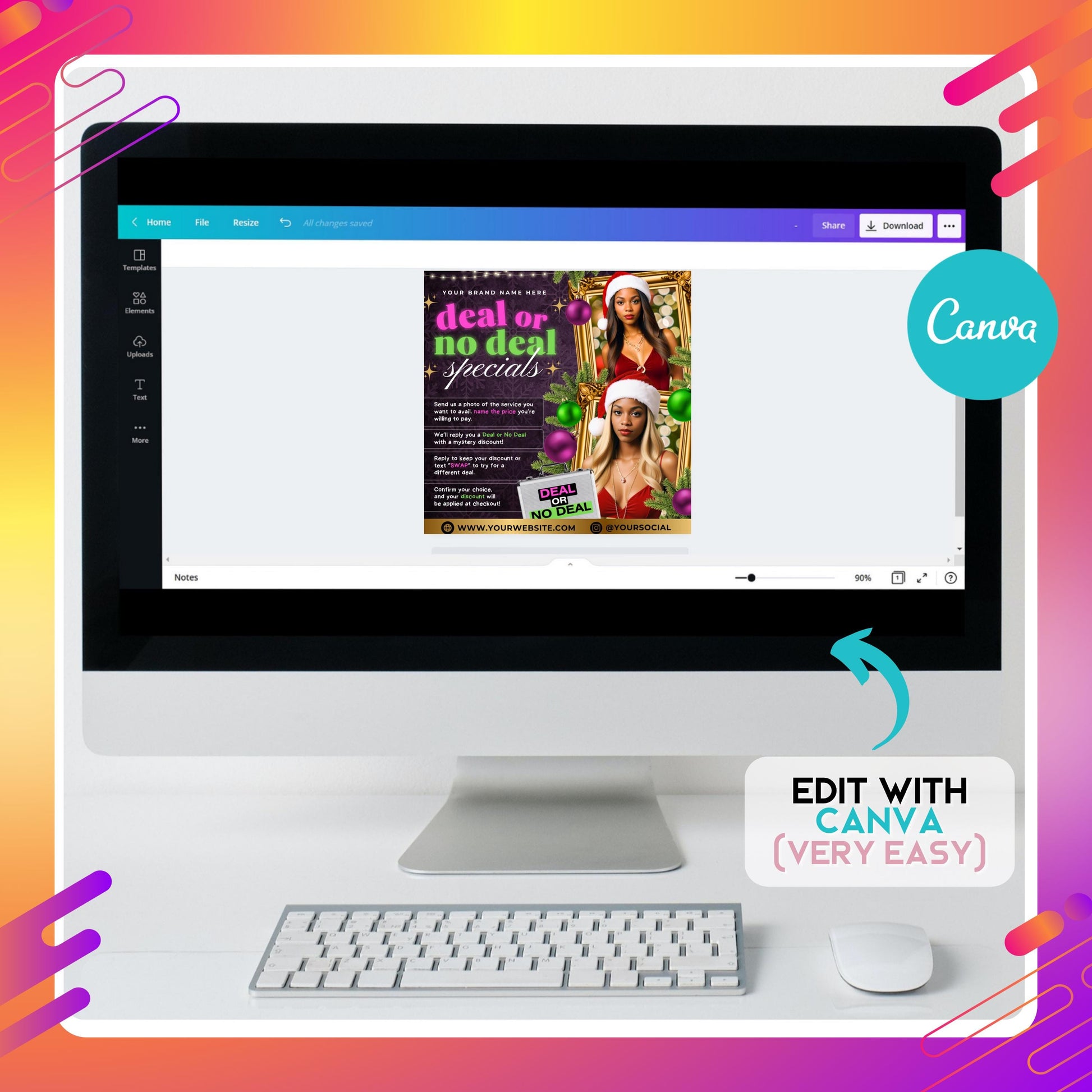 Editable Deal or No Deal flyer template in Canva, Christmas beauty promo design for lash techs, MUAs, and hairstylists.
Festive holiday booking flyer template with red and gold theme, Canva design for beauty business promotions.
Christmas Deal or No Deal specials flyer, editable Canva template for nail techs, lash techs, and braiders.
Holiday marketing flyer template for beauty professionals, customizable Deal or No Deal design for seasonal client discounts.