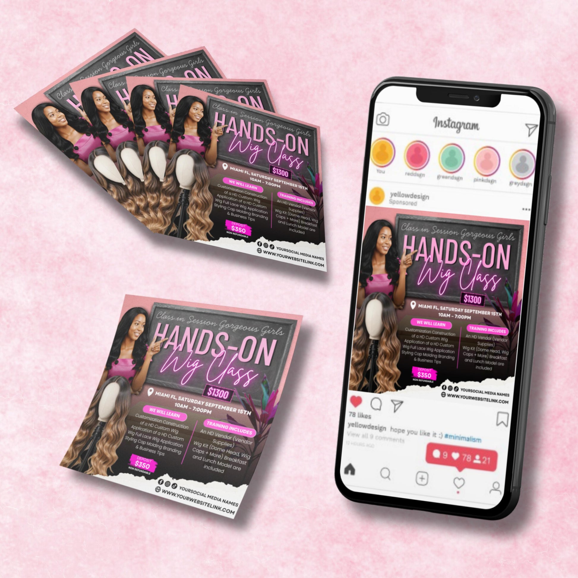 Editable wig class flyer template in Canva, professional pink and black design for hairstylist training promotions
Wig masterclass flyer template for beauty educators, customizable digital design for wig training courses
Canva editable wig class marketing flyer for hairstylists and beauty workshops
Bold modern wig training flyer template, editable design for promoting hair and beauty masterclasses