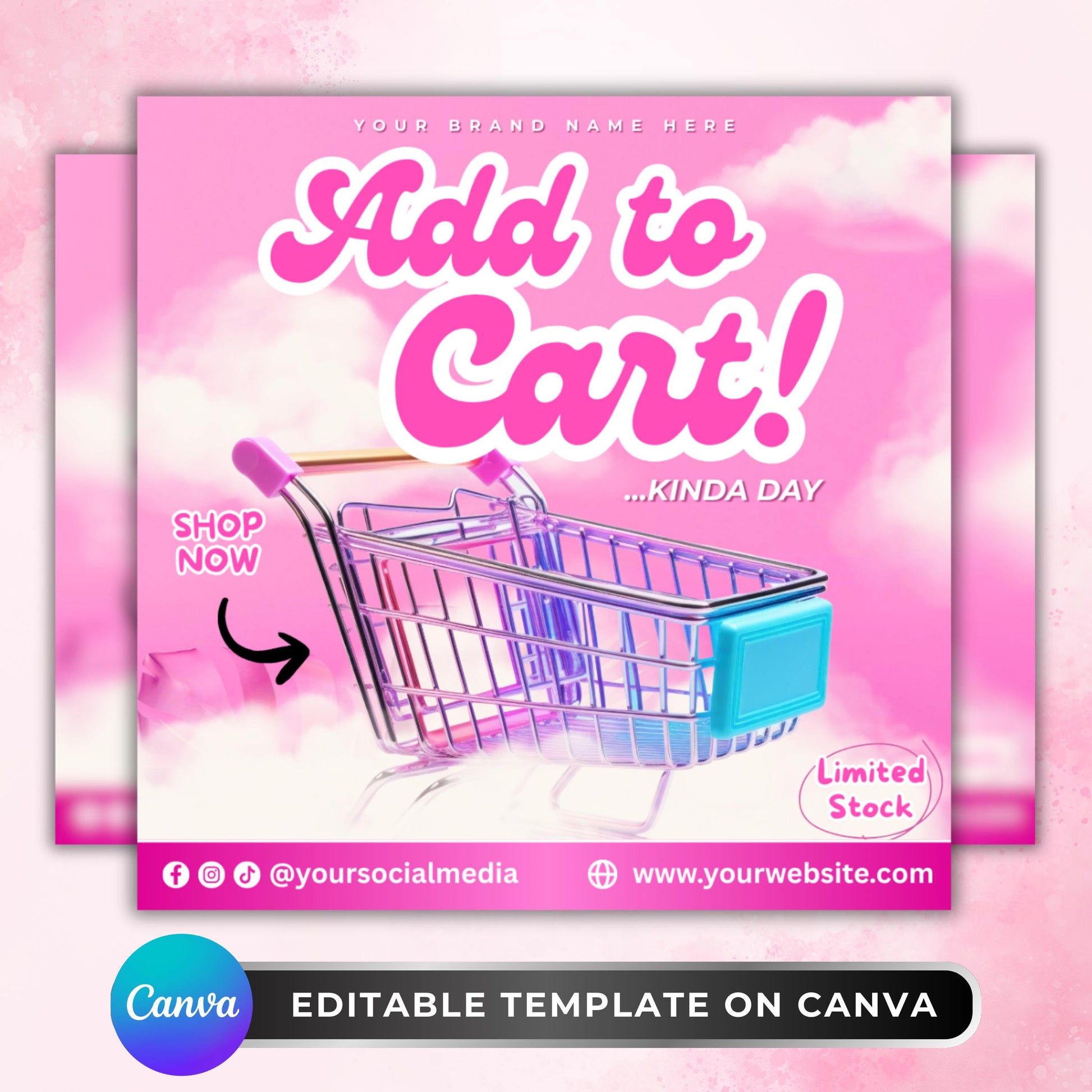 Editable Add to Cart flyer template in pink, Canva design for boutique sales and shop promotions
Online store sale flyer template with shopping cart graphic, customizable Canva marketing design
Shop now promotional flyer for boutiques and small businesses, editable Canva template
Pink add to cart flyer template for online shop promotions, editable social media post design
Editable Canva flyer for boutique marketing, digital template for sales and retail store promotions