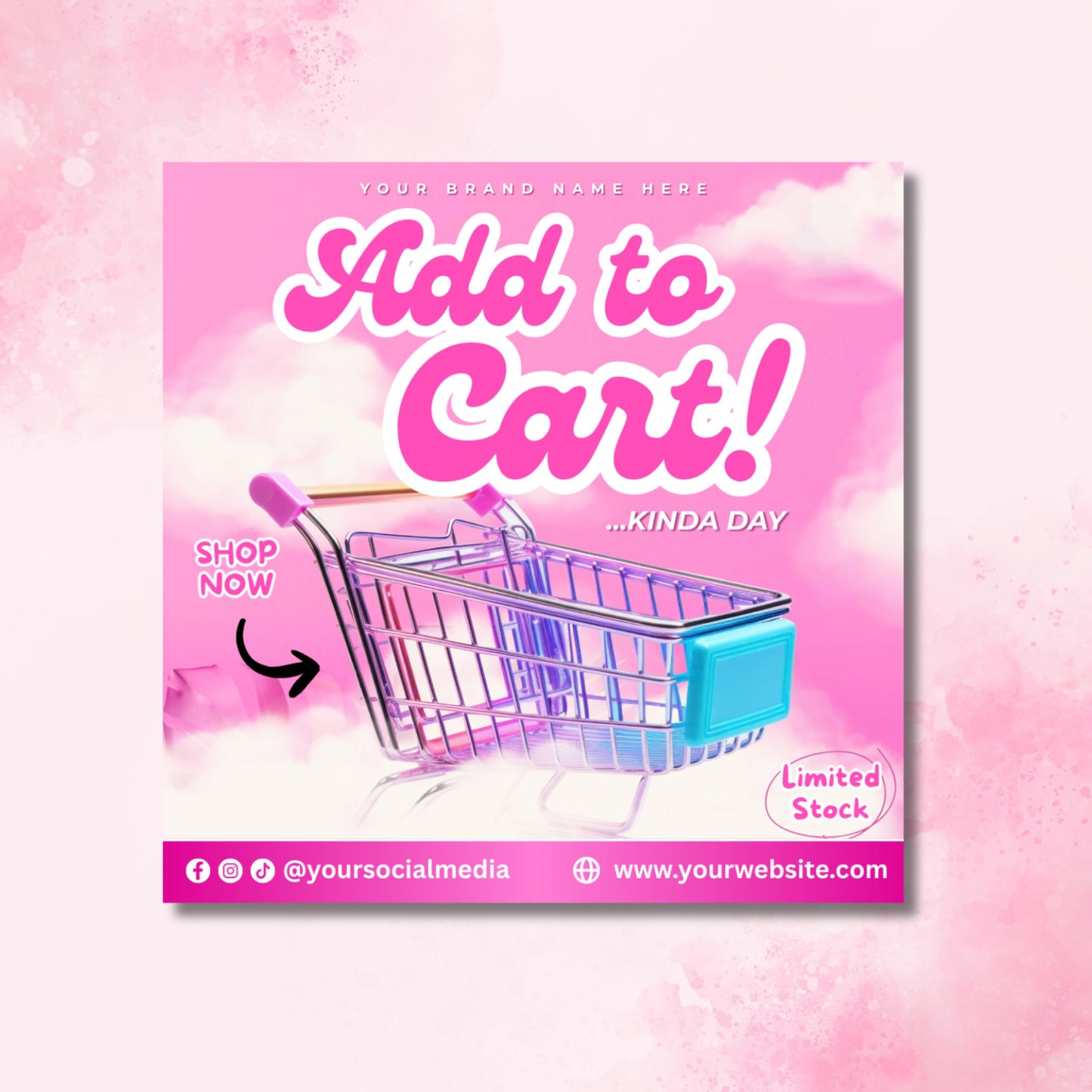 editable add to cart flyer template in pink, canva design for boutique sales and shop promotions
online store sale flyer template with shopping cart graphic, customizable canva marketing design
shop now promotional flyer for boutiques and small businesses, editable canva template
pink add to cart flyer template for online shop promotions, editable social media post design
editable canva flyer for boutique marketing, digital template for sales and retail store promotions