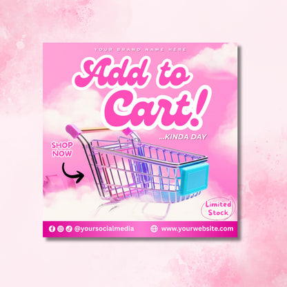 Editable Add to Cart flyer template in pink, Canva design for boutique sales and shop promotions
Online store sale flyer template with shopping cart graphic, customizable Canva marketing design
Shop now promotional flyer for boutiques and small businesses, editable Canva template
Pink add to cart flyer template for online shop promotions, editable social media post design
Editable Canva flyer for boutique marketing, digital template for sales and retail store promotions