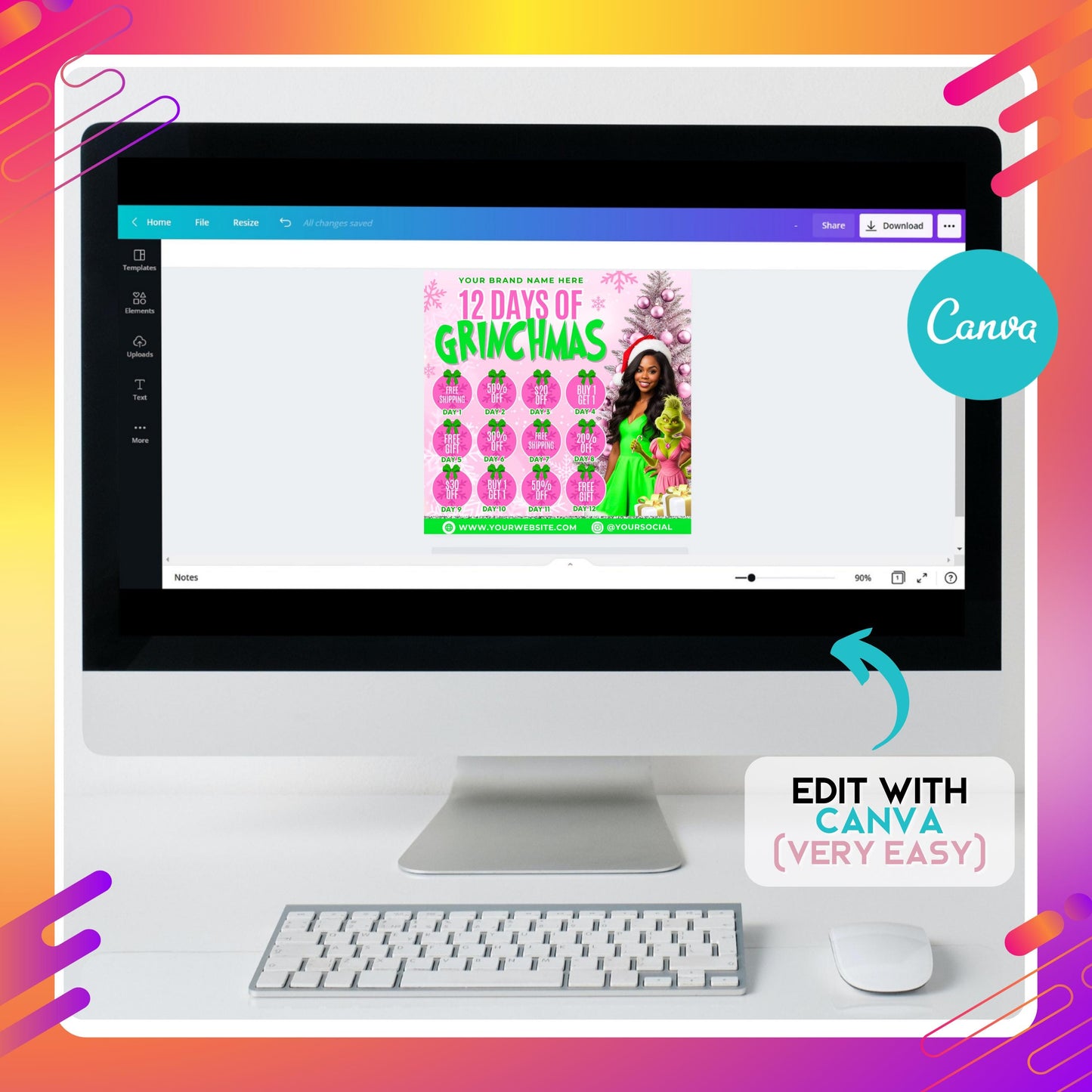 editable 12 days of grinchmas flyer template in canva, pink and green holiday promo design for boutiques and beauty businesses.
christmas marketing flyer with 12 days of deals, festive pink and green canva template for salons and small businesses.
holiday promo flyer template featuring 12 days of grinchmas specials, editable canva design for boutiques and beauty brands.
pink and green grinch-inspired flyer template, editable canva holiday marketing design for christmas sales and giveaways.