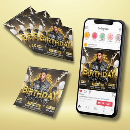 “Editable men’s birthday party flyer template in black and gold with champagne bottles, balloons, and DJ event design in Canva.”
“Nightlife club flyer template for birthday celebrations, customizable Canva design featuring bold gold 3D text and modern style.”
“DJ party flyer template in black and gold, editable Canva birthday invite design for club and nightlife event promotions.”
Customizable birthday bash flyer for men, stylish Canva template with champagne, balloons, and party celebration