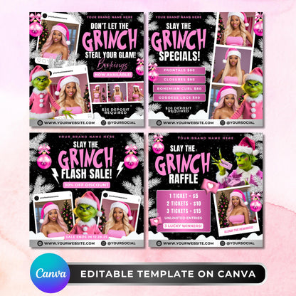 “Editable December booking flyer template for hair, lash, nail, and wig businesses in a Christmas Grinch theme, Canva design.”
“Holiday specials flyer template with pricing list for hair extensions and braids, pink and black Grinch Canva flyer.”
“Christmas flash sale flyer template for beauty businesses.”
“Grinch raffle flyer template for salons and lash techs, holiday Canva design for tickets and beauty giveaways.
“4-in-1 December flyer bundle, booking, specials, flash sale, and raffle designs.
