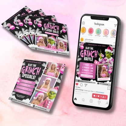 “Editable December booking flyer template for hair, lash, nail, and wig businesses in a Christmas Grinch theme, Canva design.”
“Holiday specials flyer template with pricing list for hair extensions and braids, pink and black Grinch Canva flyer.”
“Christmas flash sale flyer template for beauty businesses.”
“Grinch raffle flyer template for salons and lash techs, holiday Canva design for tickets and beauty giveaways.
“4-in-1 December flyer bundle, booking, specials, flash sale, and raffle designs.