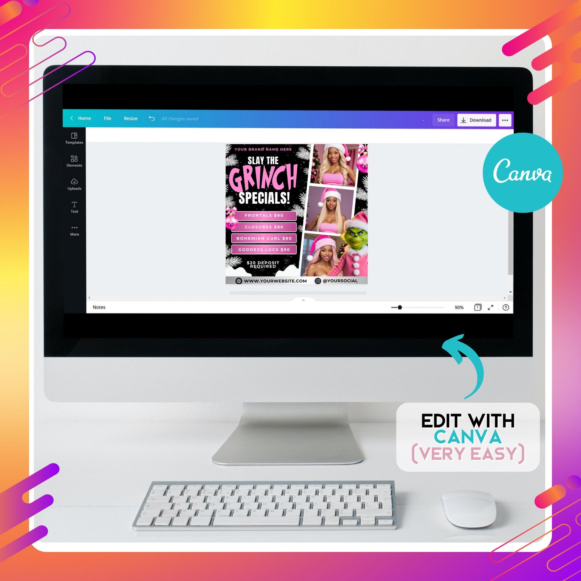 “Editable December booking flyer template for hair, lash, nail, and wig businesses in a Christmas Grinch theme, Canva design.”
“Holiday specials flyer template with pricing list for hair extensions and braids, pink and black Grinch Canva flyer.”
“Christmas flash sale flyer template for beauty businesses.”
“Grinch raffle flyer template for salons and lash techs, holiday Canva design for tickets and beauty giveaways.
“4-in-1 December flyer bundle, booking, specials, flash sale, and raffle designs.