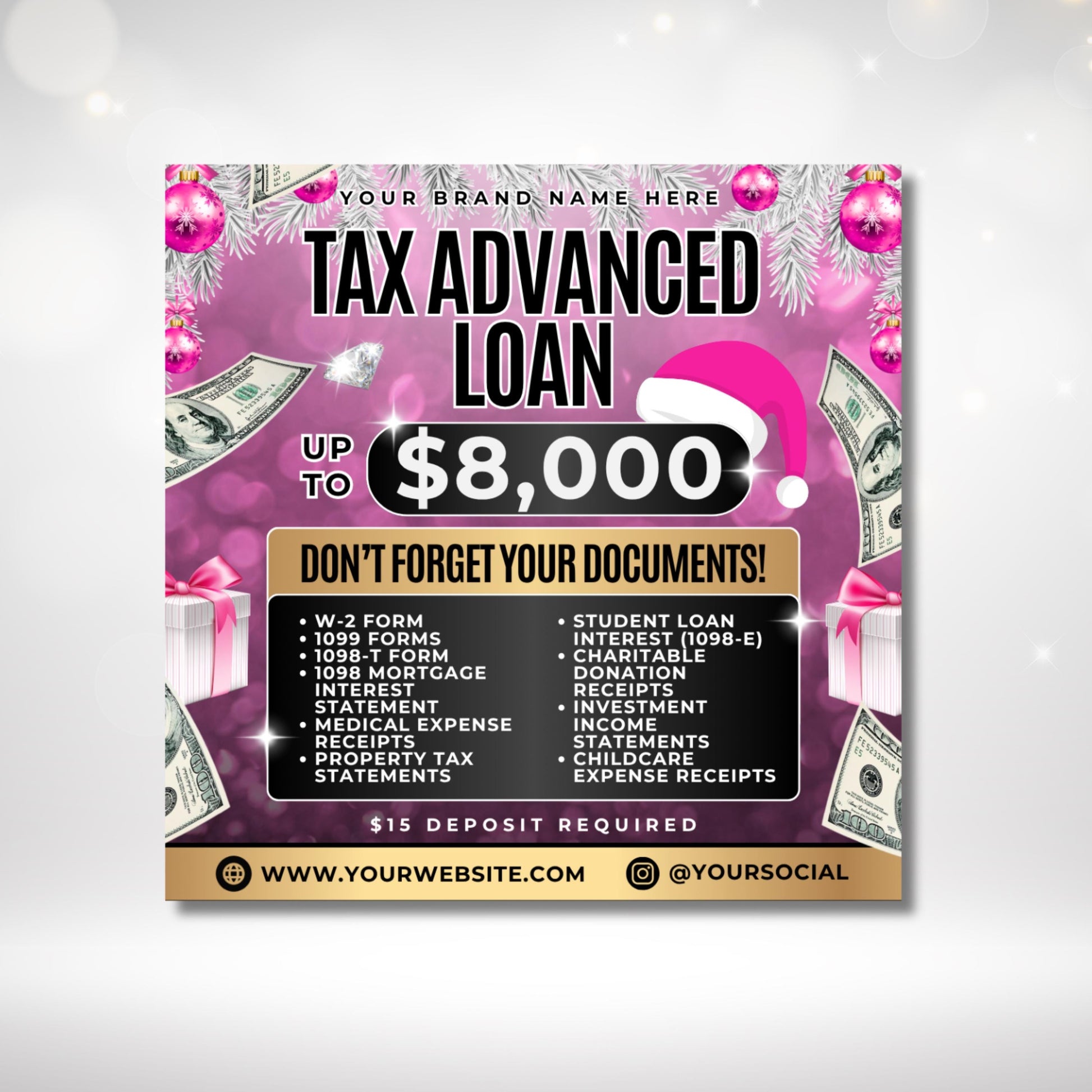 “Holiday tax prep flyer set, editable Canva templates for accountants, credit repair, and tax professionals with festive Christmas theme.”
“Christmas flyer templates for tax preparers and financial consultants, editable Canva bundle for holiday marketing promotions.”
“Editable holiday flyer set for accountants, tax professionals, and credit repair businesses, Canva design for tax season.”
“Tax season Canva flyer bundle, Christmas-themed editable templates for financial service businesses.