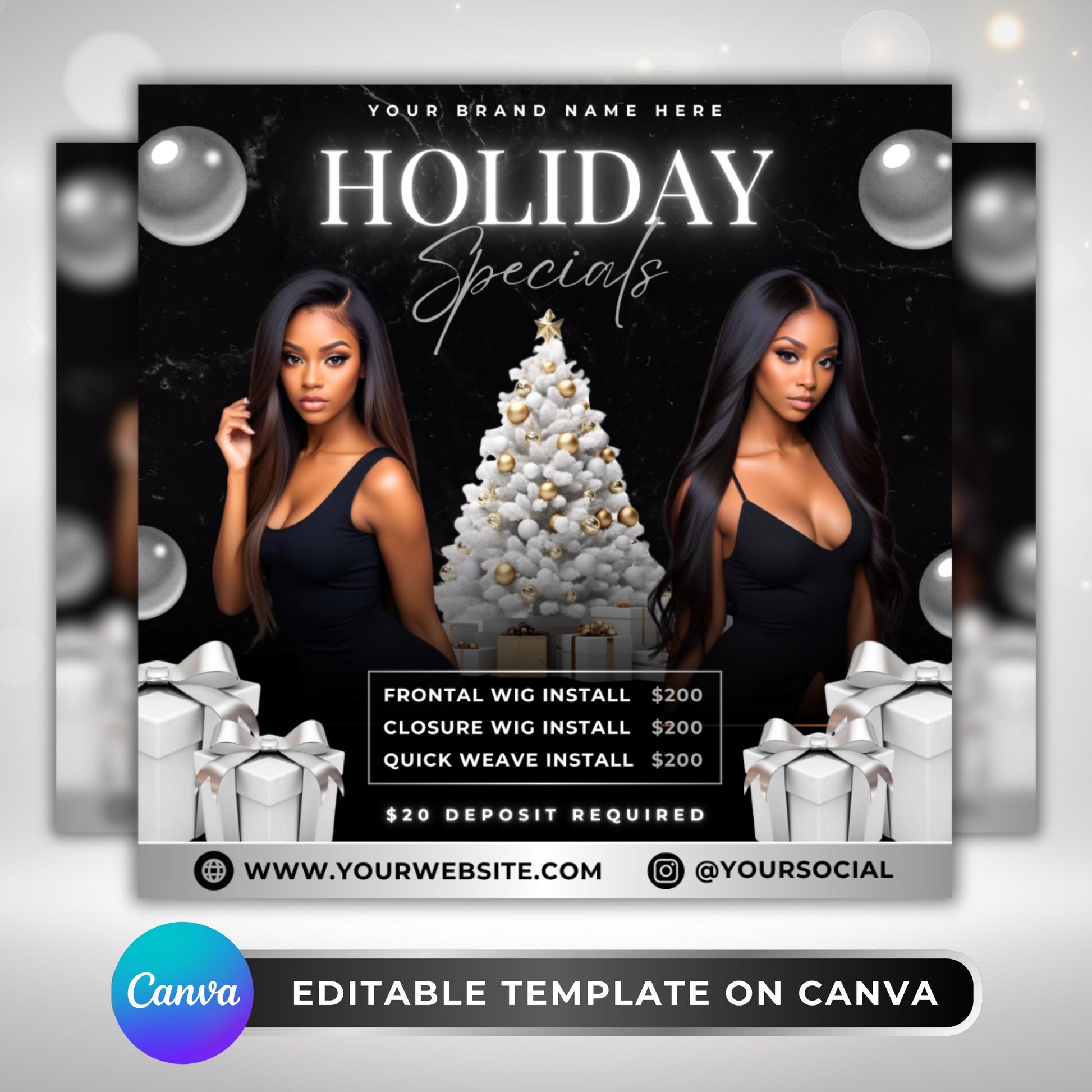 “Editable holiday wig install flyer template in Canva, black and gold design with Christmas tree, perfect for hairstylists and wig specialists promoting services.”
“Christmas wig install flyer for beauty salons and hairstylists, editable Canva template featuring festive holiday theme.”
“Holiday specials beauty flyer template for frontal wigs, closures, and quick weaves, customizable Canva design for hairstylists.”
“Black and gold holiday wig promo flyer with Christmas theme