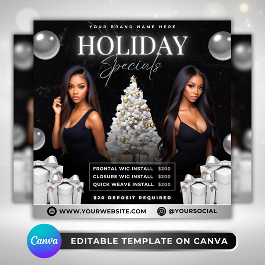 “Editable holiday wig install flyer template in Canva, black and gold design with Christmas tree, perfect for hairstylists and wig specialists promoting services.”
“Christmas wig install flyer for beauty salons and hairstylists, editable Canva template featuring festive holiday theme.”
“Holiday specials beauty flyer template for frontal wigs, closures, and quick weaves, customizable Canva design for hairstylists.”
“Black and gold holiday wig promo flyer with Christmas theme