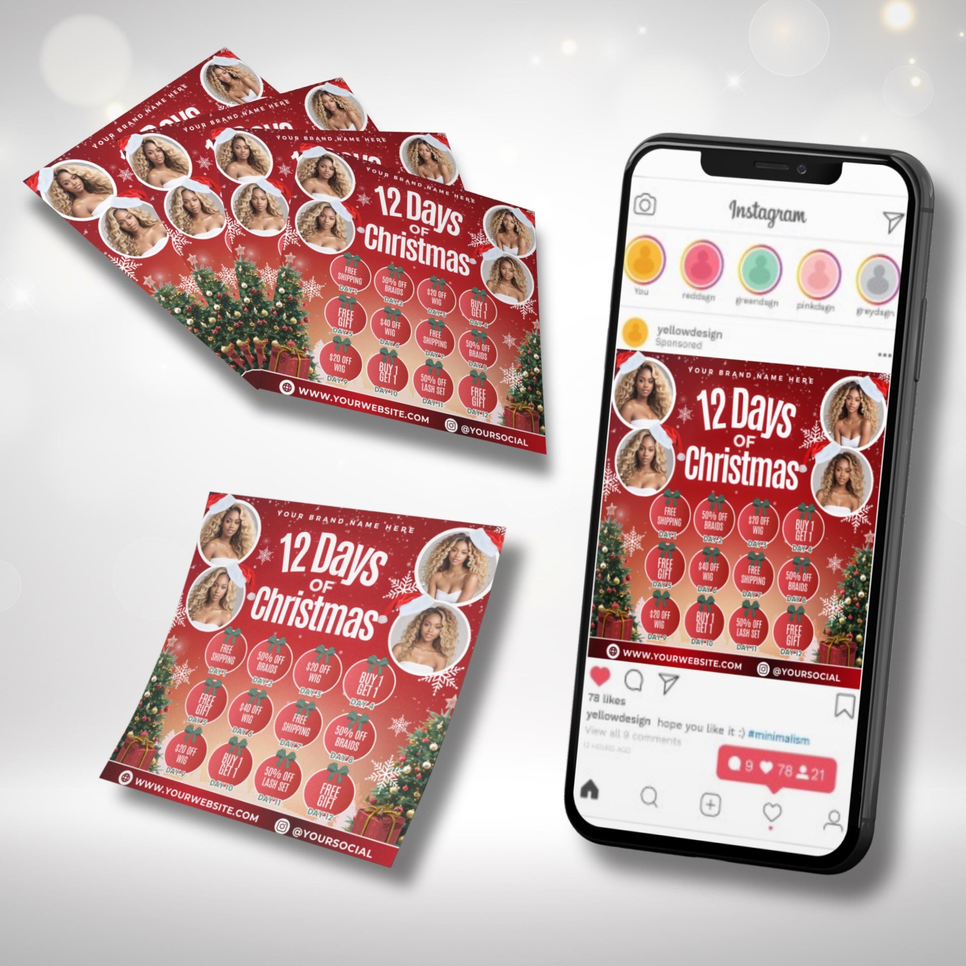 “Editable 12 Days of Christmas flyer template in Canva, festive red holiday design for braids, wigs, lashes, and beauty businesses.”
“Xmas sale flyer template for salons and boutiques, 12 days of Christmas Canva flyer for promotions and December bookings.”
“Holiday flyer template with red background and Christmas trees, editable Canva design for braiders, wig stylists, and lash techs.”
“Coupon-style Christmas flyer design, 12 days of holiday specials Canva template for beauty businesses.”
