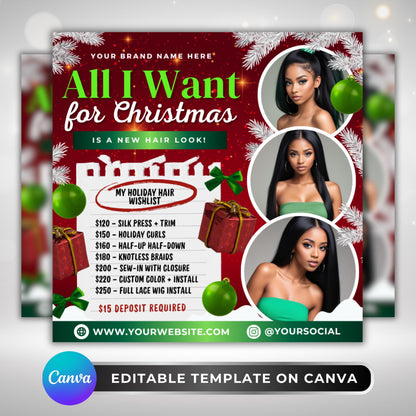 “Editable Christmas hair stylist flyer template in Canva, festive red and green holiday beauty promo design for wig installs and braids.”
“Holiday booking flyer for hairstylists and MUAs, customizable Canva template with Christmas theme to promote braids, wigs, and curls.”
“Canva flyer template for holiday hair specials, red and green Christmas design for stylists offering wig installs, sew-ins, and braids.”
“Editable beauty promo flyer for Christmas season, perfect for hairstylists, MUAs