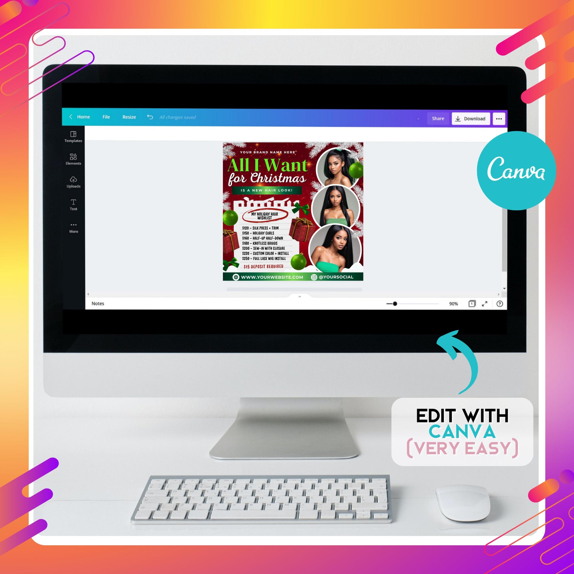 “Editable Christmas hair stylist flyer template in Canva, festive red and green holiday beauty promo design for wig installs and braids.”
“Holiday booking flyer for hairstylists and MUAs, customizable Canva template with Christmas theme to promote braids, wigs, and curls.”
“Canva flyer template for holiday hair specials, red and green Christmas design for stylists offering wig installs, sew-ins, and braids.”
“Editable beauty promo flyer for Christmas season, perfect for hairstylists, MUAs