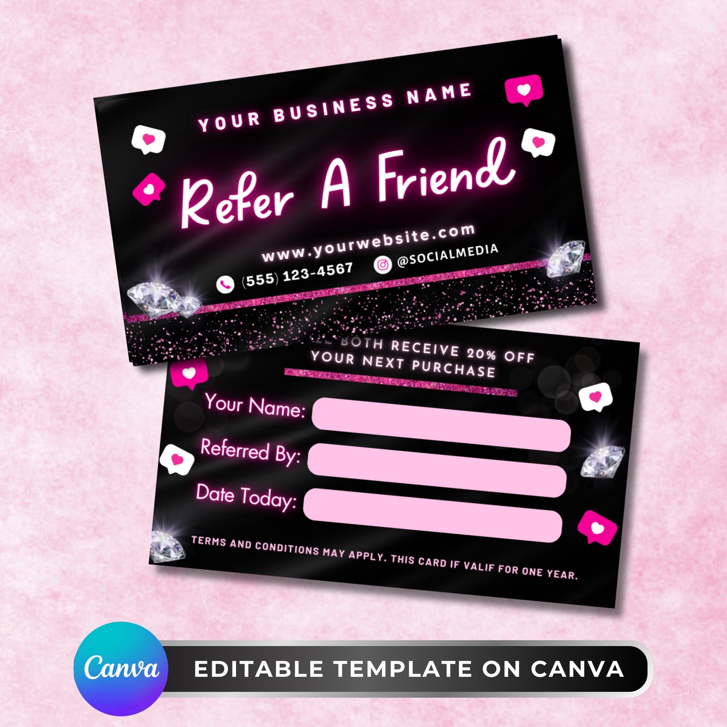 editable refer a friend card template in canva, black and pink sparkly referral business card for beauty professionals.
referral card template for lash techs, nail techs, muas, and hairstylists, customizable canva design with diamond accents.
canva referral business card template, stylish pink and black design for small businesses to promote client referrals.
editable client referral card for beauty salons, lash and nail technicians, and hairstylists, canva template for business marketing.