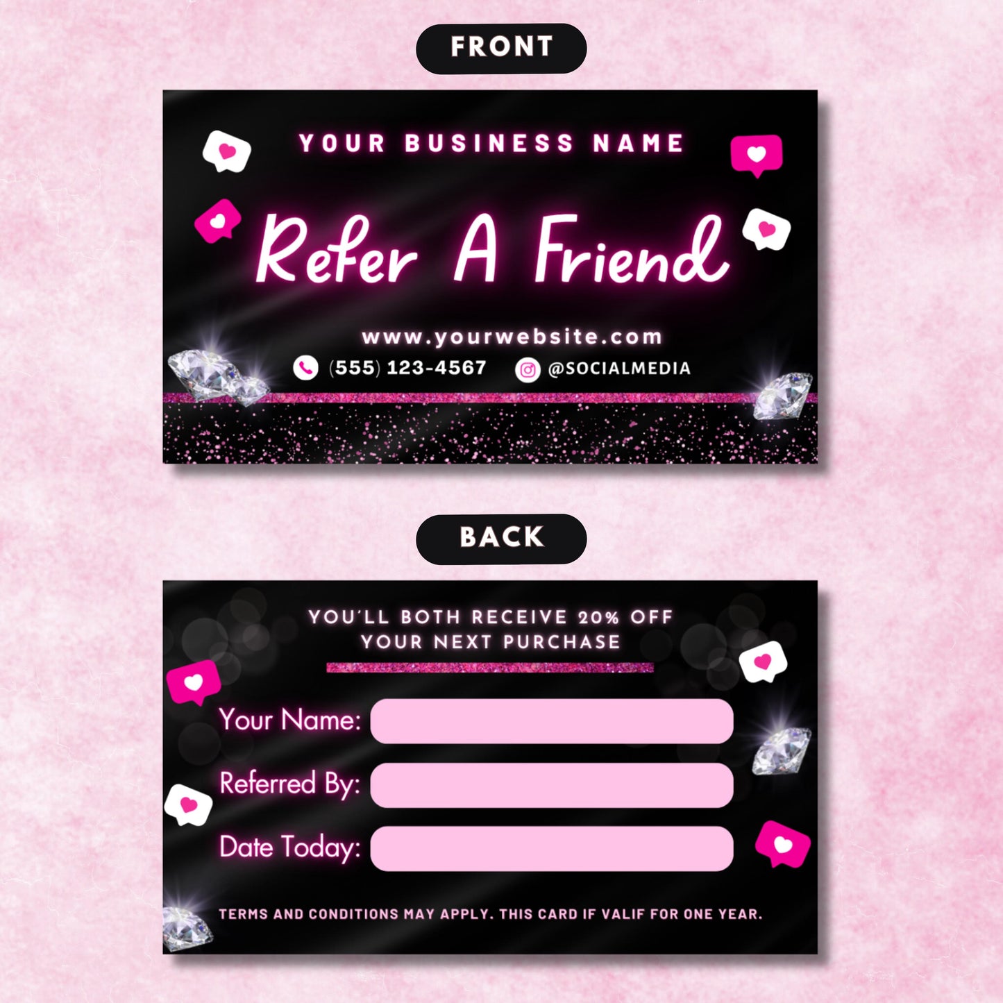editable refer a friend card template in canva, black and pink sparkly referral business card for beauty professionals.
referral card template for lash techs, nail techs, muas, and hairstylists, customizable canva design with diamond accents.
canva referral business card template, stylish pink and black design for small businesses to promote client referrals.
editable client referral card for beauty salons, lash and nail technicians, and hairstylists, canva template for business marketing.