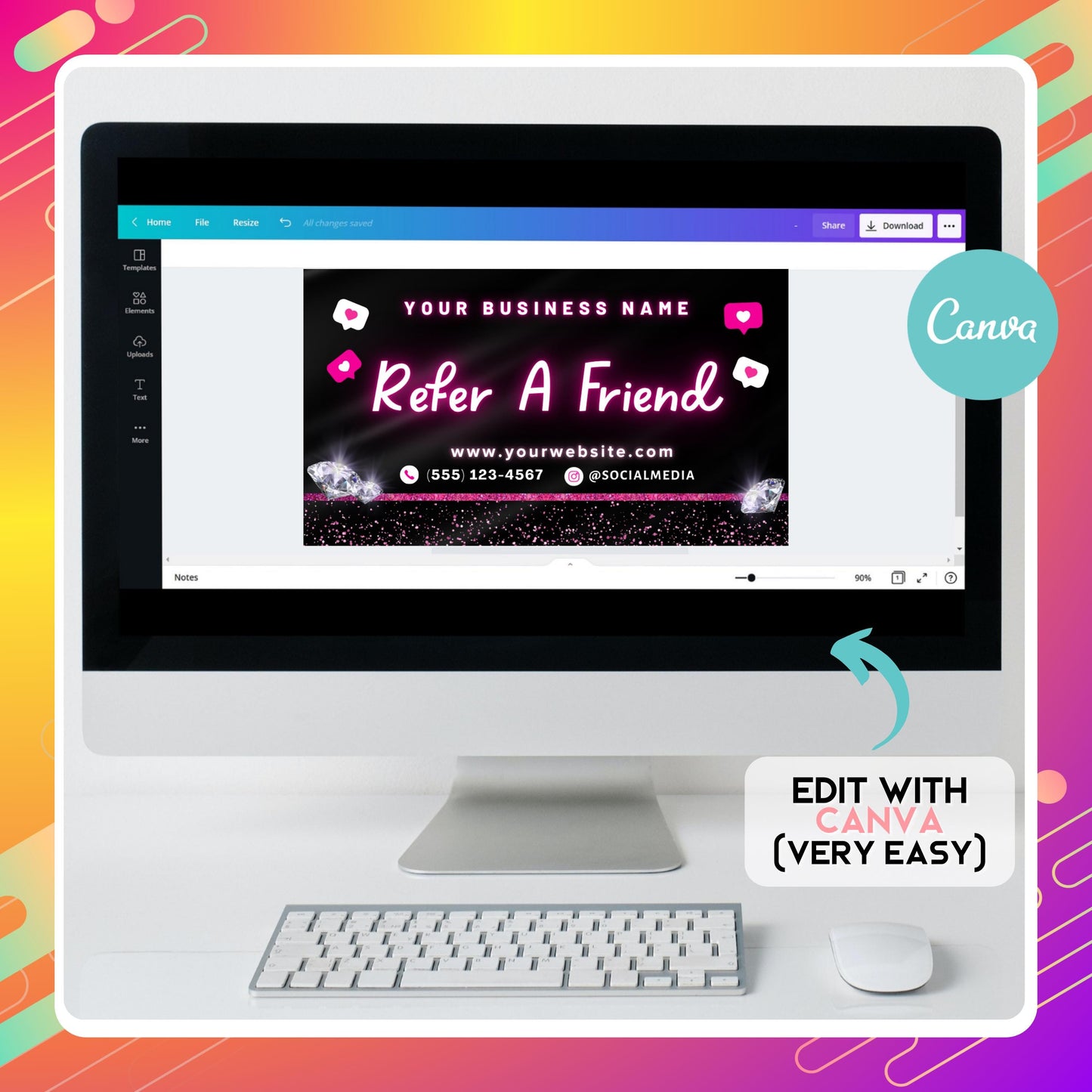 editable refer a friend card template in canva, black and pink sparkly referral business card for beauty professionals.
referral card template for lash techs, nail techs, muas, and hairstylists, customizable canva design with diamond accents.
canva referral business card template, stylish pink and black design for small businesses to promote client referrals.
editable client referral card for beauty salons, lash and nail technicians, and hairstylists, canva template for business marketing.