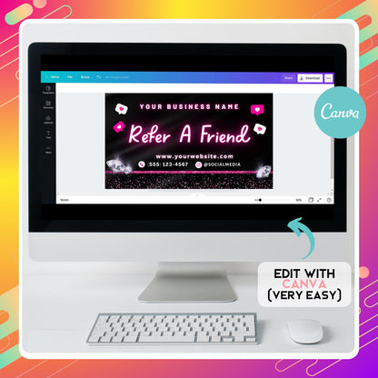 Editable Refer A Friend card template in Canva, black and pink sparkly referral business card for beauty professionals.
Referral card template for lash techs, nail techs, MUAs, and hairstylists, customizable Canva design with diamond accents.
Canva referral business card template, stylish pink and black design for small businesses to promote client referrals.
Editable client referral card for beauty salons, lash and nail technicians, and hairstylists, Canva template for business marketing.