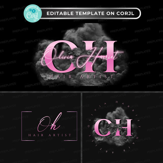 Modern pink and black hair logo design template, editable Corjl branding kit with three logo variations for salons and beauty businesses.
Premade hairstylist logo set, customizable pink and black logo templates for salons, lash artists, and boutique beauty brands.
Editable business logo bundle, modern smoky background style for nail salons, barbers, and makeup artists.”
Beauty logo template in pink and black, three coordinated logos for hairstylists, lash techs, estheticians, and spas.