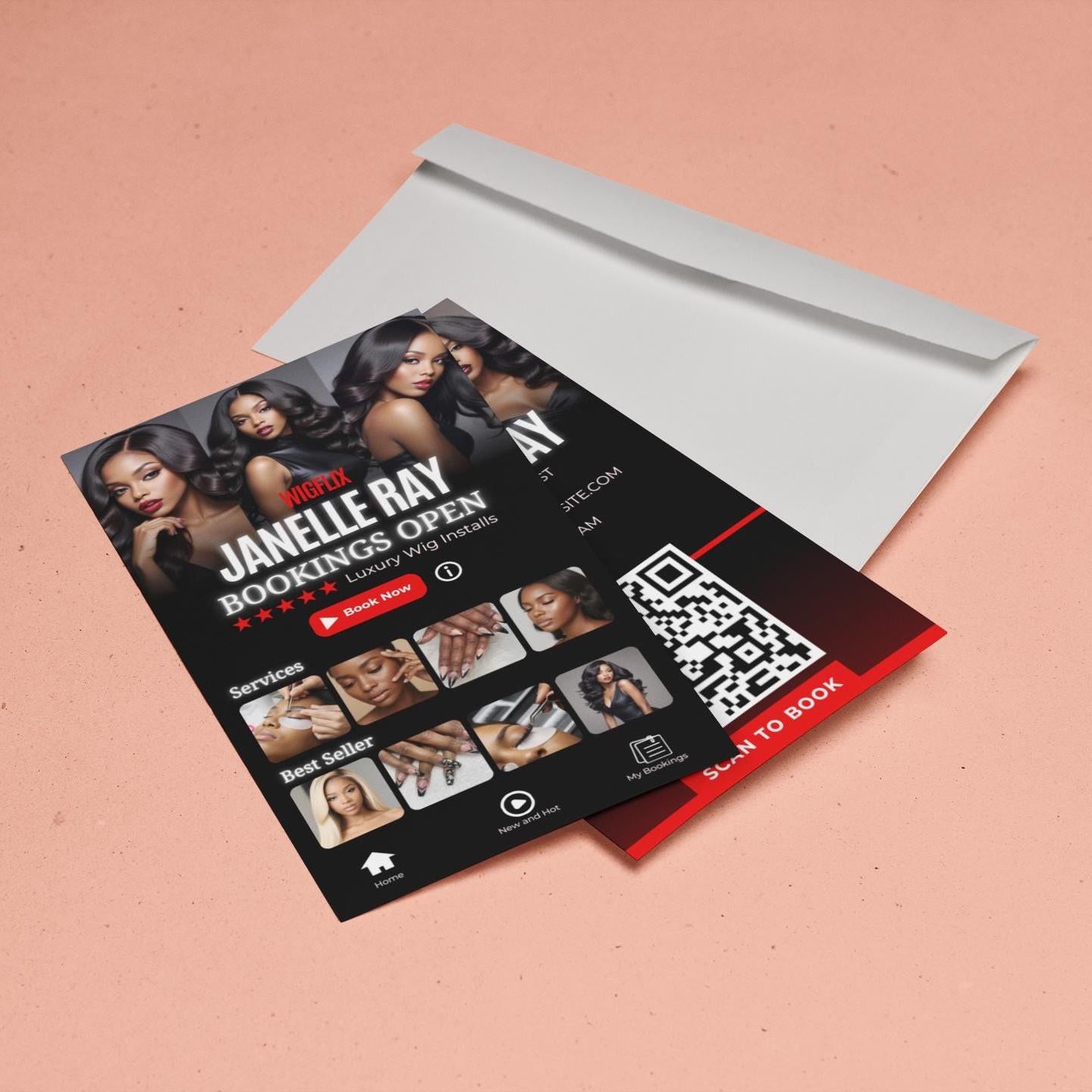 Editable Canva wig stylist booking card template with QR code for easy appointments
Modern luxury wig business card template for hairstylists and beauty entrepreneurs
Editable Canva booking card for wig installs and salon services with QR code
Professional hairstylist booking card design for beauty business promotion
Luxury black and red wig stylist business card with services and QR code