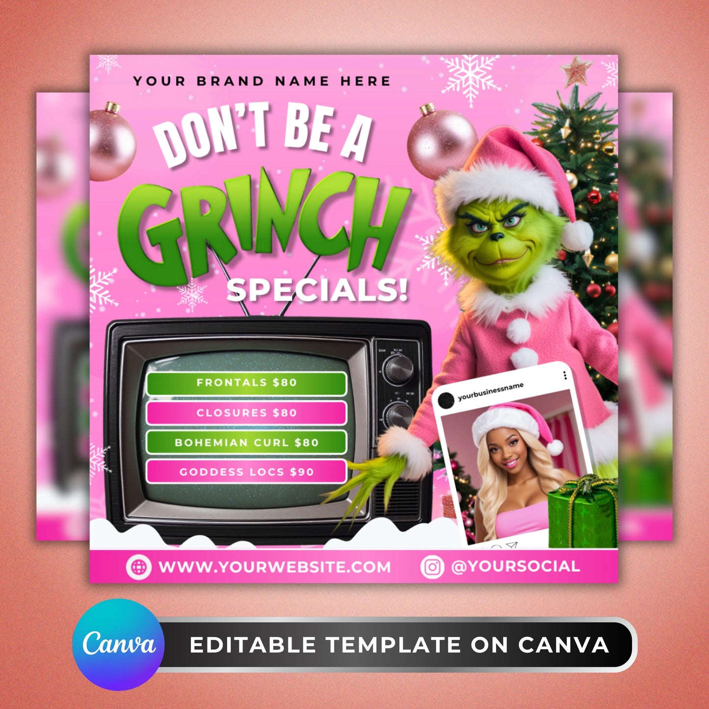 “don’t be a grinch christmas flyer template for beauty salon holiday specials”

“editable canva flyer for lash tech and hairstylist holiday promotions”

“pink grinch themed flyer for salon booking and beauty service deals”

“festive christmas promo flyer template for hair and nail tech businesses”

“holiday beauty ad template with grinch design for canva editing”