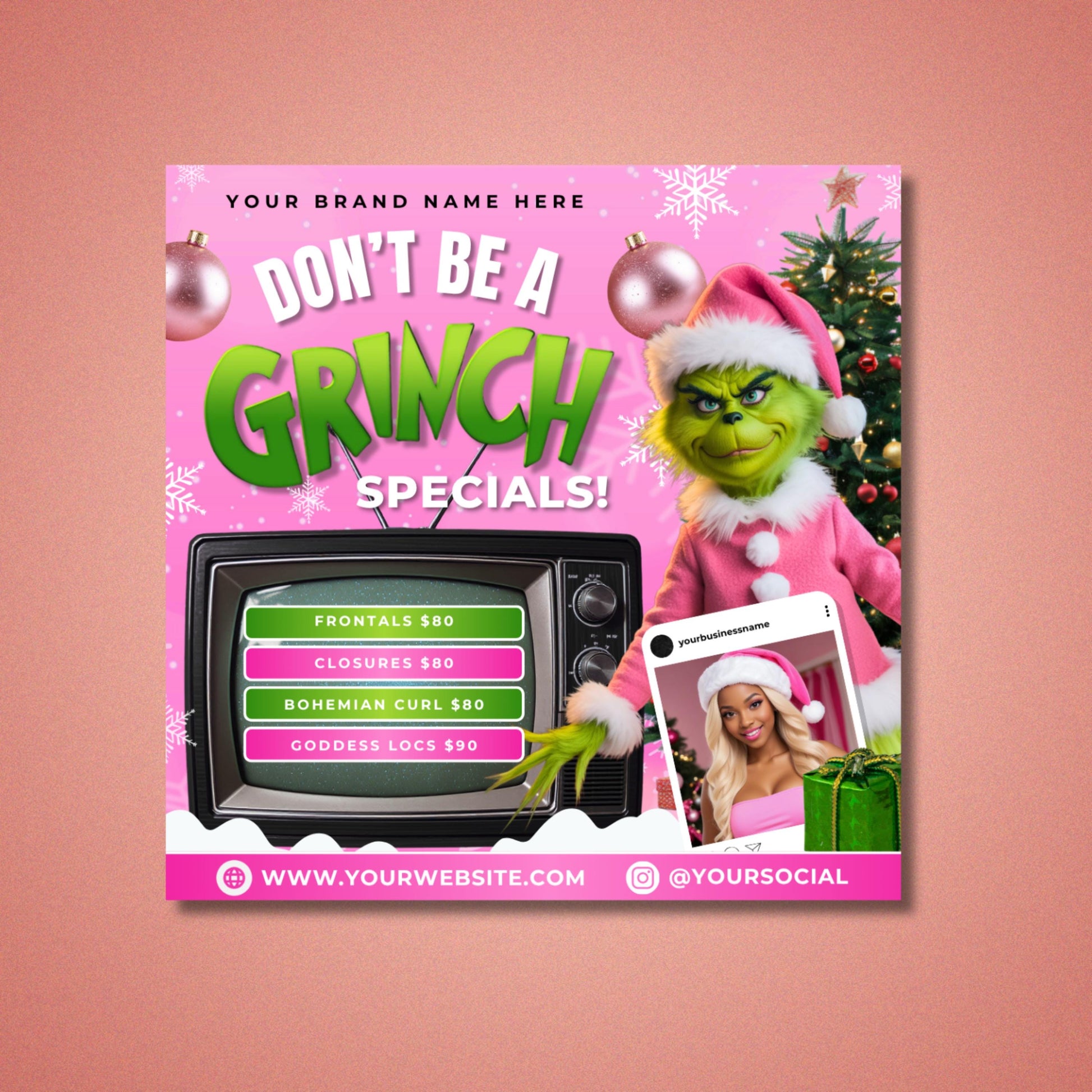“Don’t Be a Grinch Christmas Flyer Template for Beauty Salon Holiday Specials”

“Editable Canva Flyer for Lash Tech and Hairstylist Holiday Promotions”

“Pink Grinch Themed Flyer for Salon Booking and Beauty Service Deals”

“Festive Christmas Promo Flyer Template for Hair and Nail Tech Businesses”

“Holiday Beauty Ad Template with Grinch Design for Canva Editing”