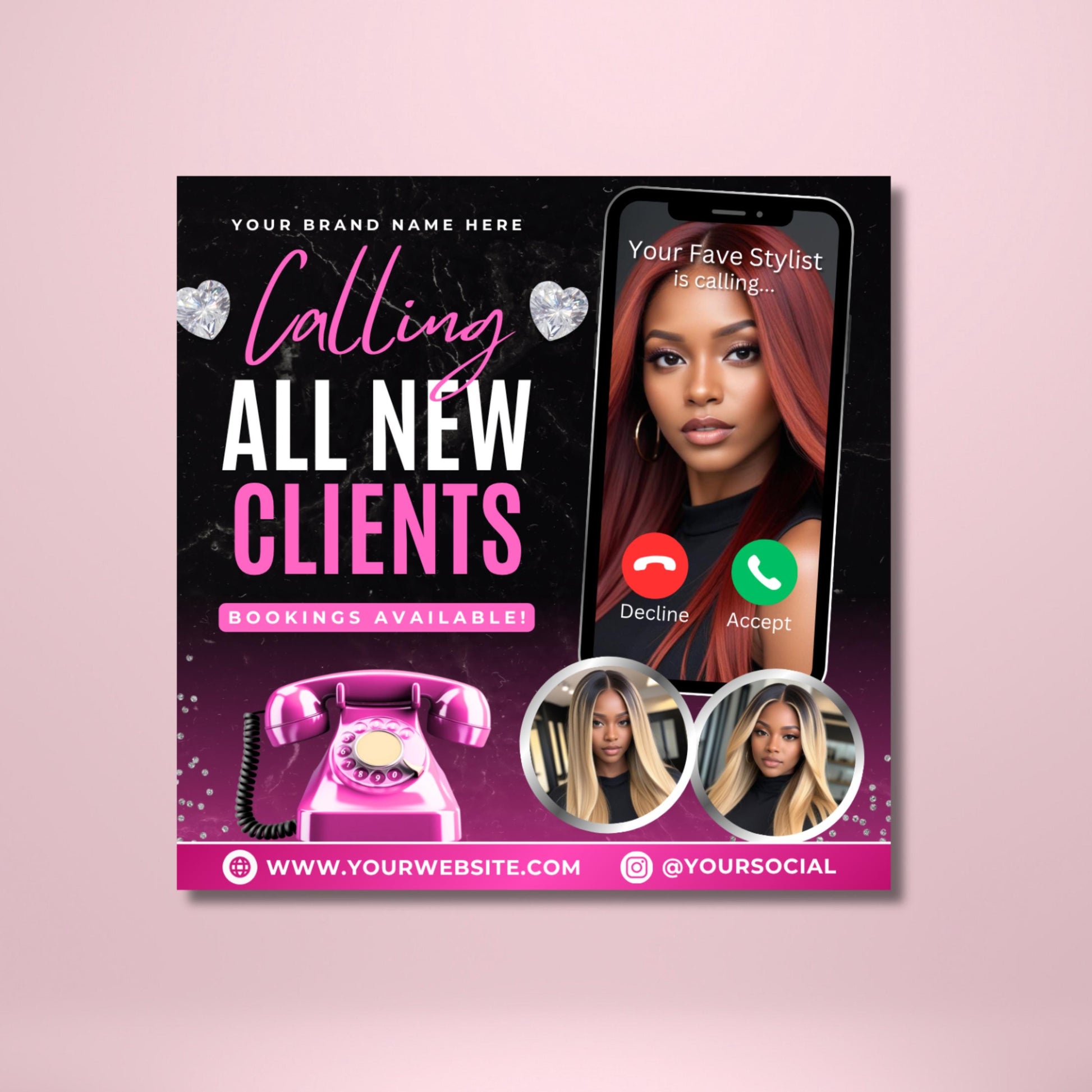 Editable new clients booking flyer template in Canva, bold pink and black beauty promo design for hairstylists and lash techs.
New client special flyer, Canva editable design for nail techs, MUAs, and salon professionals announcing open bookings.
Book now flyer template in Canva for hairstylists, lash and nail technicians, beauty marketing and client booking promotions.
Editable Canva flyer design, new client booking announcement for wig installs, braids, and beauty professionals.