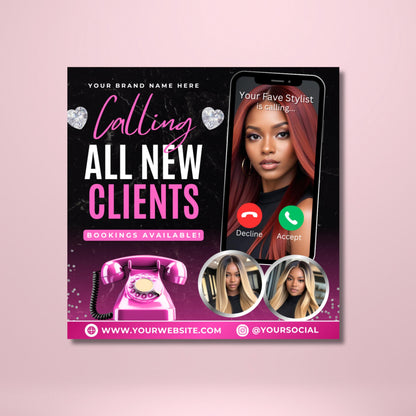 Editable new clients booking flyer template in Canva, bold pink and black beauty promo design for hairstylists and lash techs.
New client special flyer, Canva editable design for nail techs, MUAs, and salon professionals announcing open bookings.
Book now flyer template in Canva for hairstylists, lash and nail technicians, beauty marketing and client booking promotions.
Editable Canva flyer design, new client booking announcement for wig installs, braids, and beauty professionals.